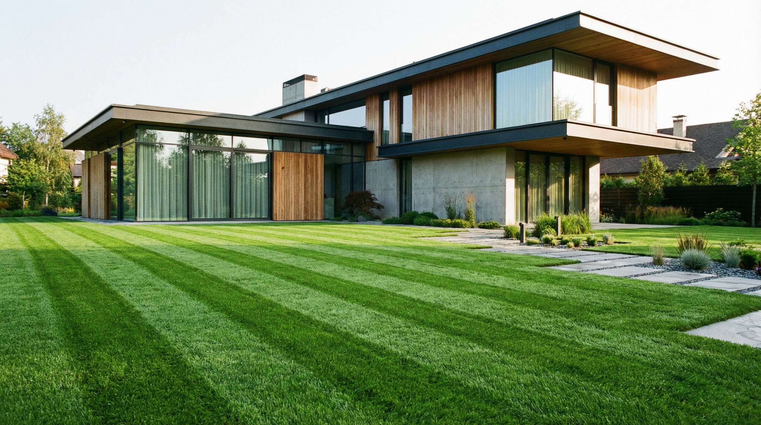 Frischer Rasen vor Designer Haus
